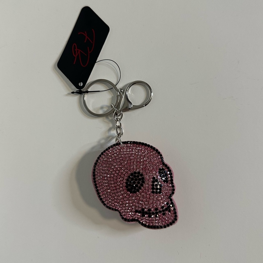 Pink Rhinestone Skull Bag Charm Keychain